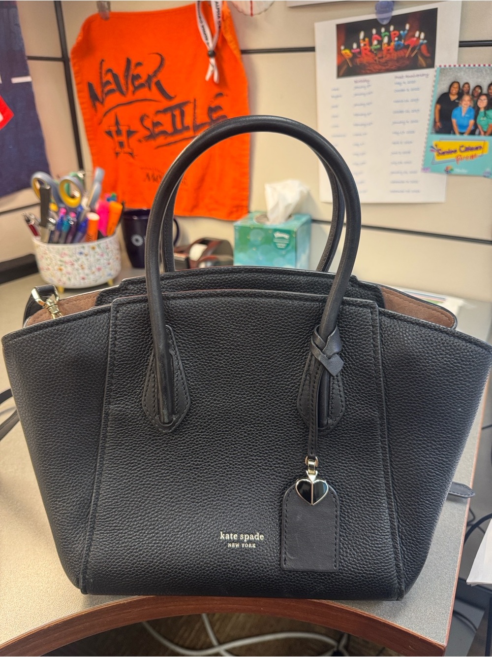 kate spade Black Pebbled Leather Satchel with Heart Tag